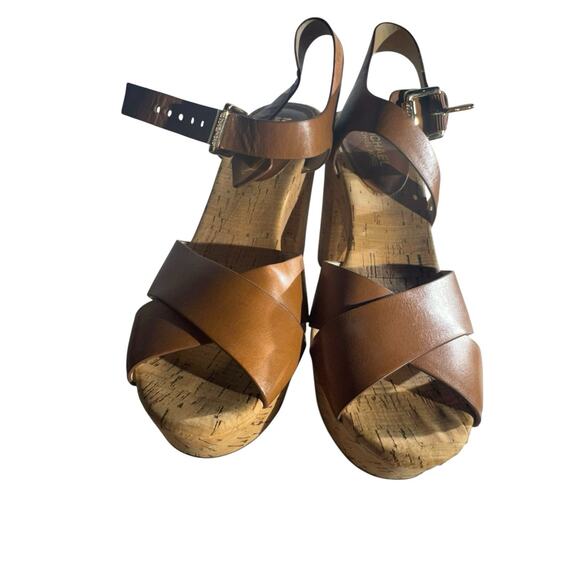 Michael Kors Walnut Natalia 8.5 Leather Platform Sandal Brown Cork 4.5 Inch Heel - Picture 6 of 10
